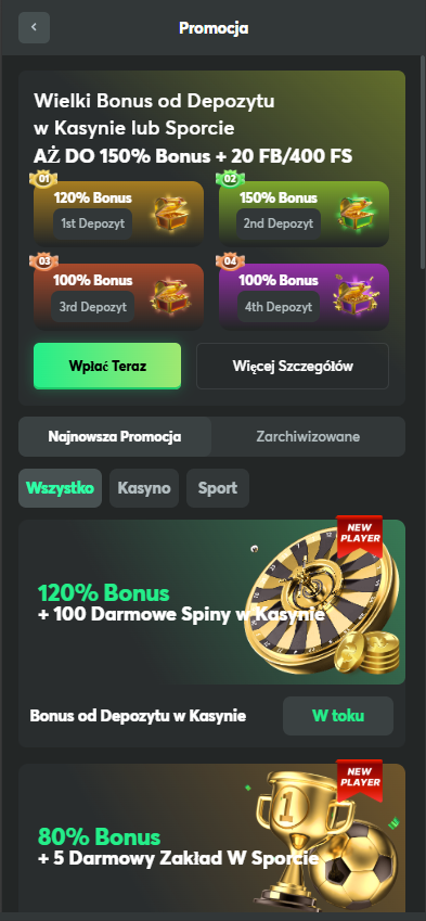 Ekran promocji w aplikacji BC.Game – bonusy od depozytu w kasynie i zakładach sportowych do 150% oraz darmowe spiny i zakłady