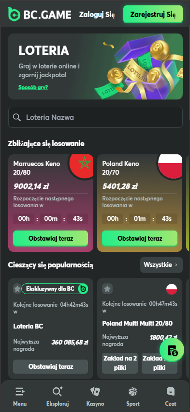 Sekcja loterii w aplikacji BC.Game – dostępne losowania, jackpoty i możliwość obstawiania online