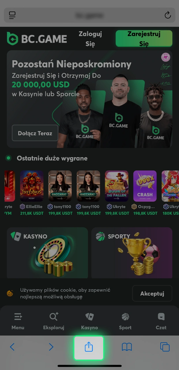 Otwórz menu udostępniania, aby zainstalować BC.Game na ekranie.