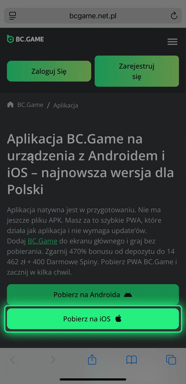 Zobacz, gdzie kliknąć, aby zainstalować BC.Game na iOS.