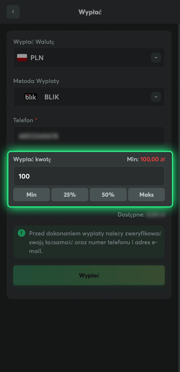 Dowiedz się, jak wpisać kwotę i dane odbiorcy przy wypłacie.