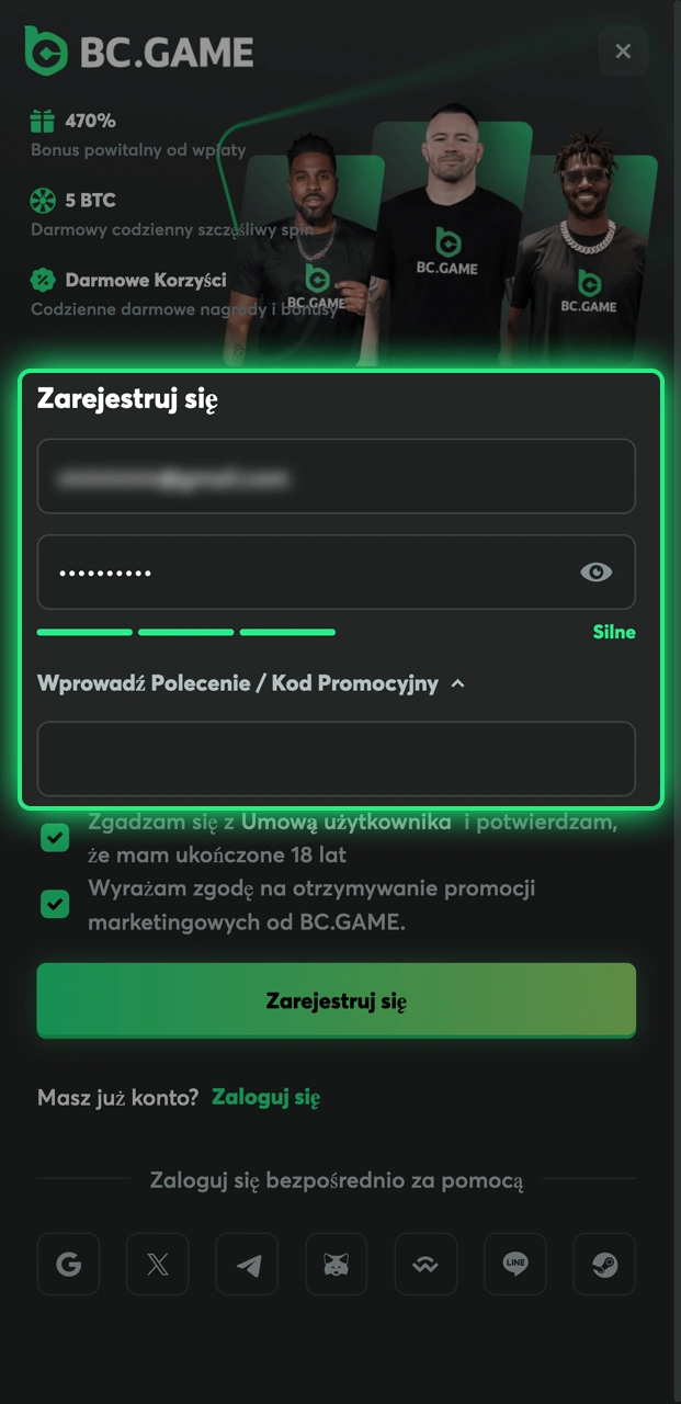 Poznaj kroki uzupełniania danych podczas rejestracji w aplikacji BC.Game.