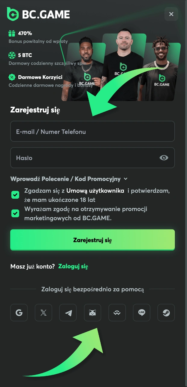 Sprawdź, jak wybrać metodę rejestracji w aplikacji BC.Game.